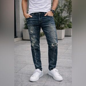 Embellished Men's Distressed Blue Jeans